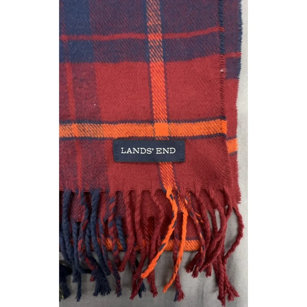 Lands End Scarf Wrap Shawl Multicolor Plaid Fringe Soft Preppy Cottage Lagenlook
